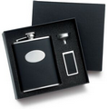 6 Oz. Black Bonded Leather Flask w/Oval Plate w/ Funnel & Money Clip in Box